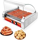 Vexon 1670W Hot Dog Roller Grill with 11 Non-Stick Stainless Steel Rollers, Holds 30 Hot Dogs, Includes Removable Glass Cover for Snack Bar Convenience Stores