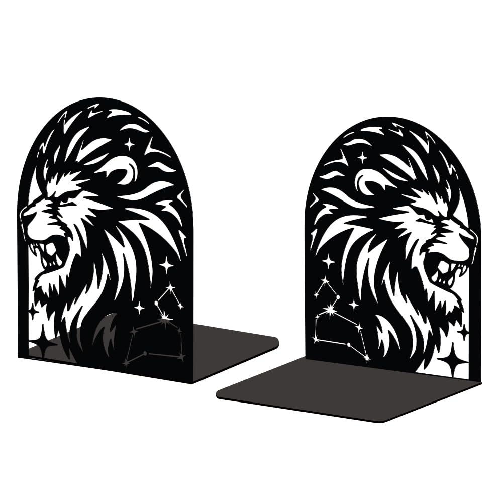 Peacoblue Metal Bookend Stopper Holder Stand for Shelves Decorative 5.3"x4.3"x6.3" Modern Creative Heavy Duty Study Book End for Desk Shelf 1 Pair (Leo Constellation)