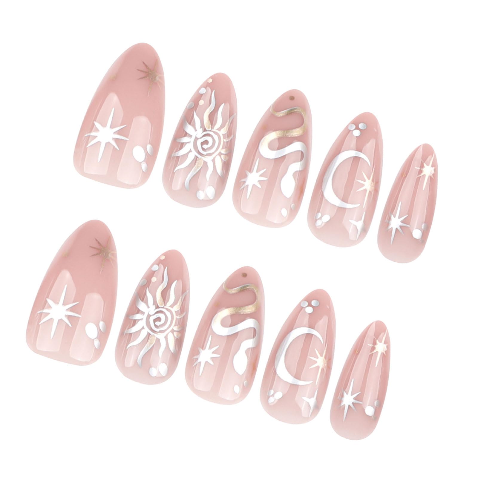 fexxkg Glossy Star Almond Fake Nails Stick on Nails Full Covers False Nails Acrylic Stick on Nails Women