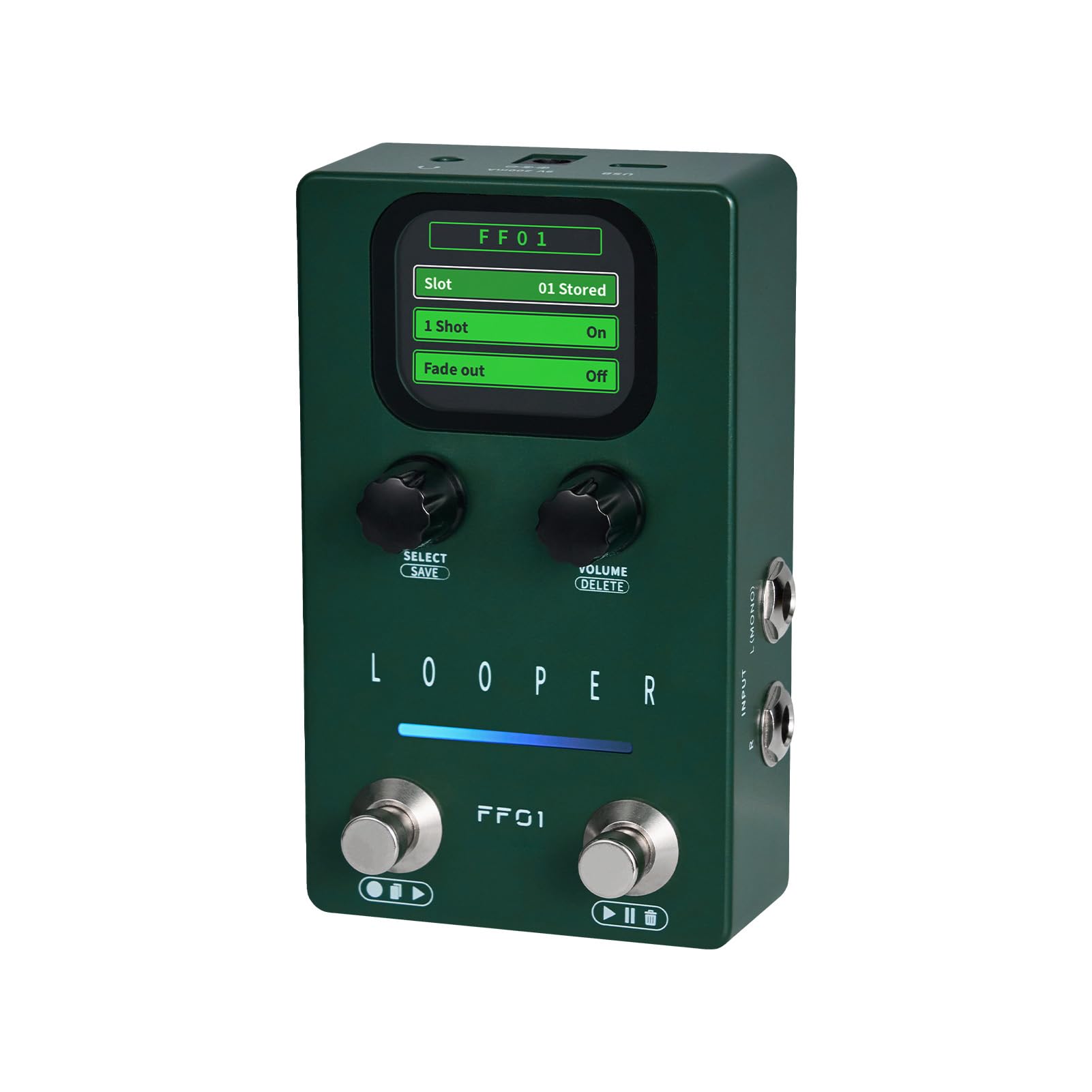 Kavolet FLAMMA Hochleistungs-Looper-Gitarrenpedal mit Audio-Konnektivität für Bassgitarristen, ABS-Grün, 40 Steckplätze (EU-Stecker)