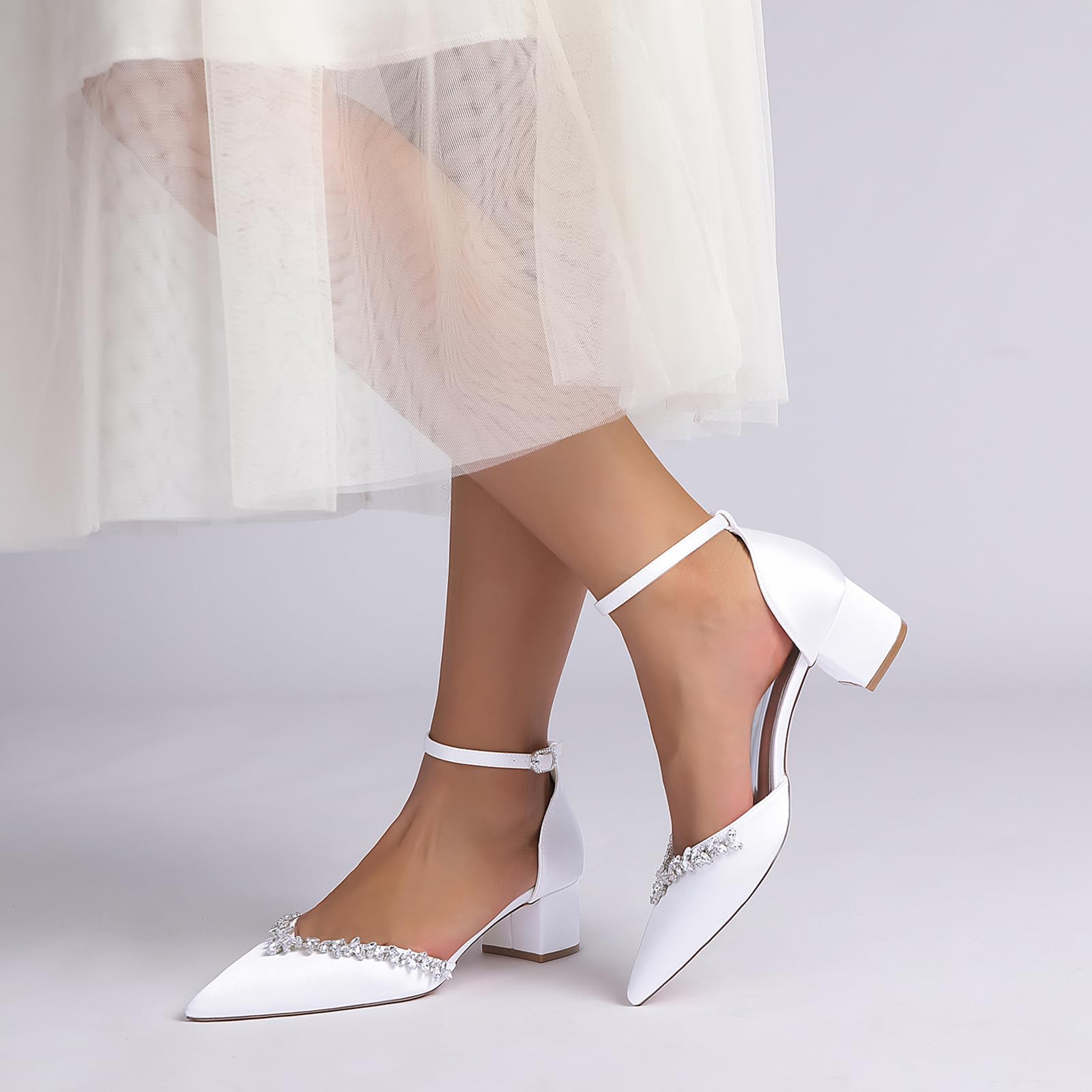 Mujer Tacón Ancho Bajo Zapatos De Boda Satén Tiras Al Tobillo Punta Cerrada Zapatos De Novia con Diamantes De Imitación