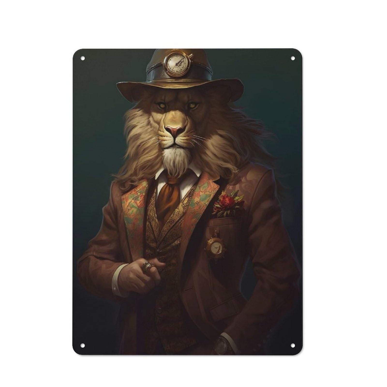 Junmoney Style-5 Dapper Lion Gentleman With Clockwork Hat Vintage Tin Sign 40X30cm For Garage Or Workshop, Suited To Garage Decor Fans, For Retro Home Interiors