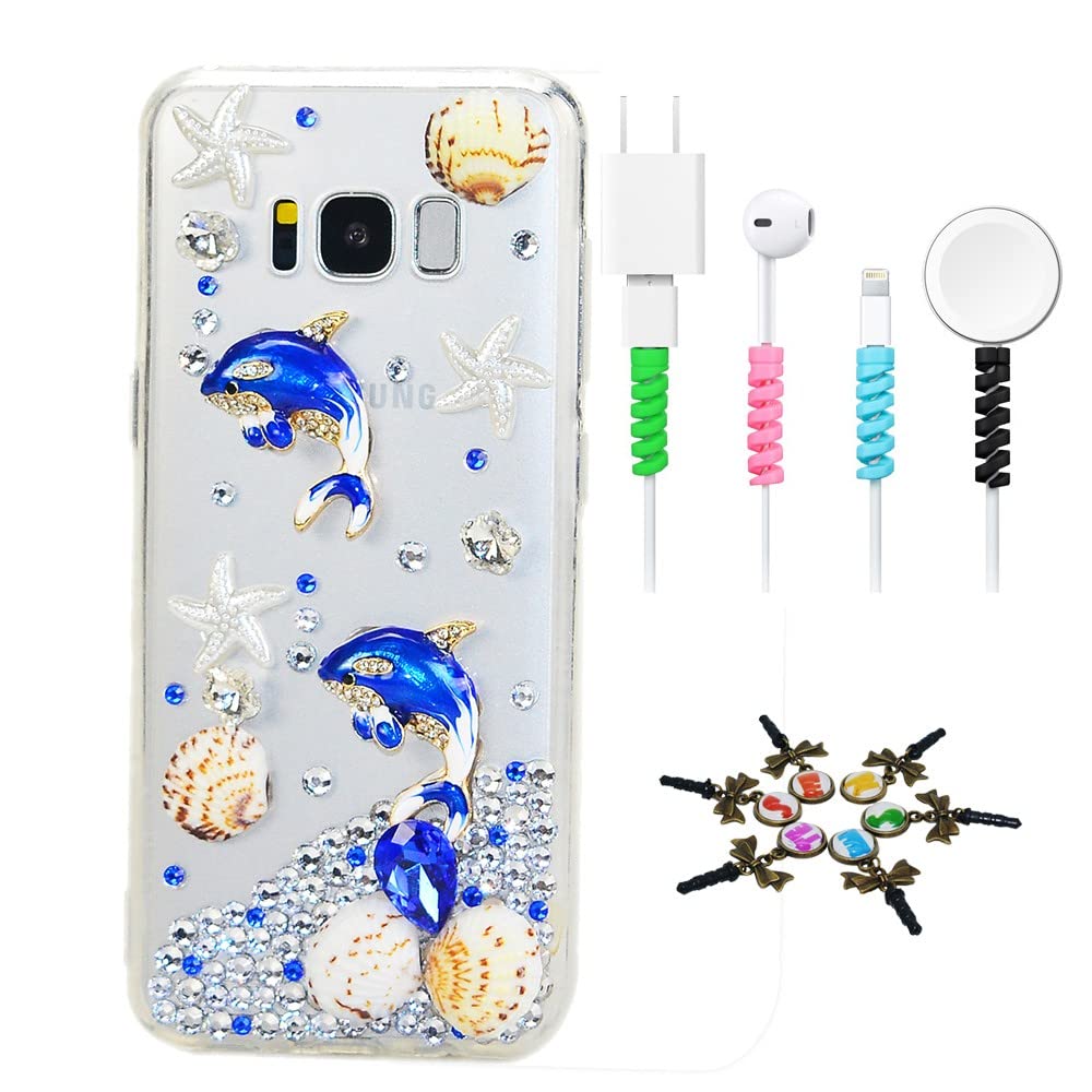 STENES Sparkle Case Compatible with Samsung Galaxy S21 Plus Case - Stylish - 3D Handmade Bling Dolphin Starfish Shell Design Cover Case with Cable Protector [4 Pack] - Blue