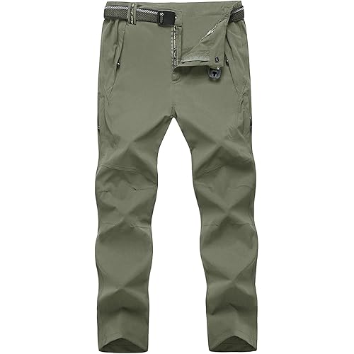 TBMPOY Men's Lightweight Hiking Pants with Belt 5 Zip Pockets Waterproof Quick-Dry Travel Fishing Work Outdoor Pants