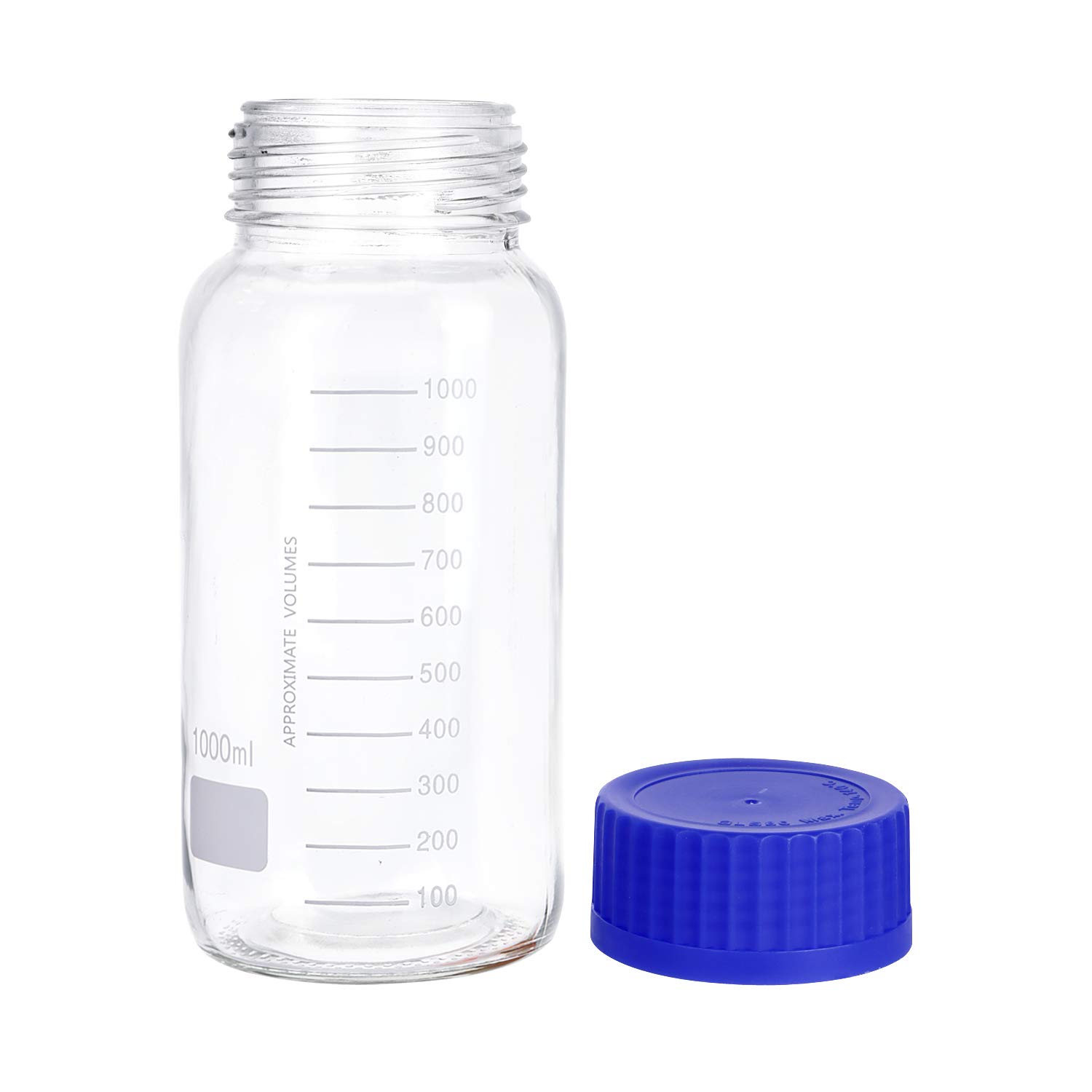 Pyrex - Paquete de 3 botellas de vidrio redondas graduadas de boca ancha de 1000 ml con tapón de rosca de polipropileno azul GL80