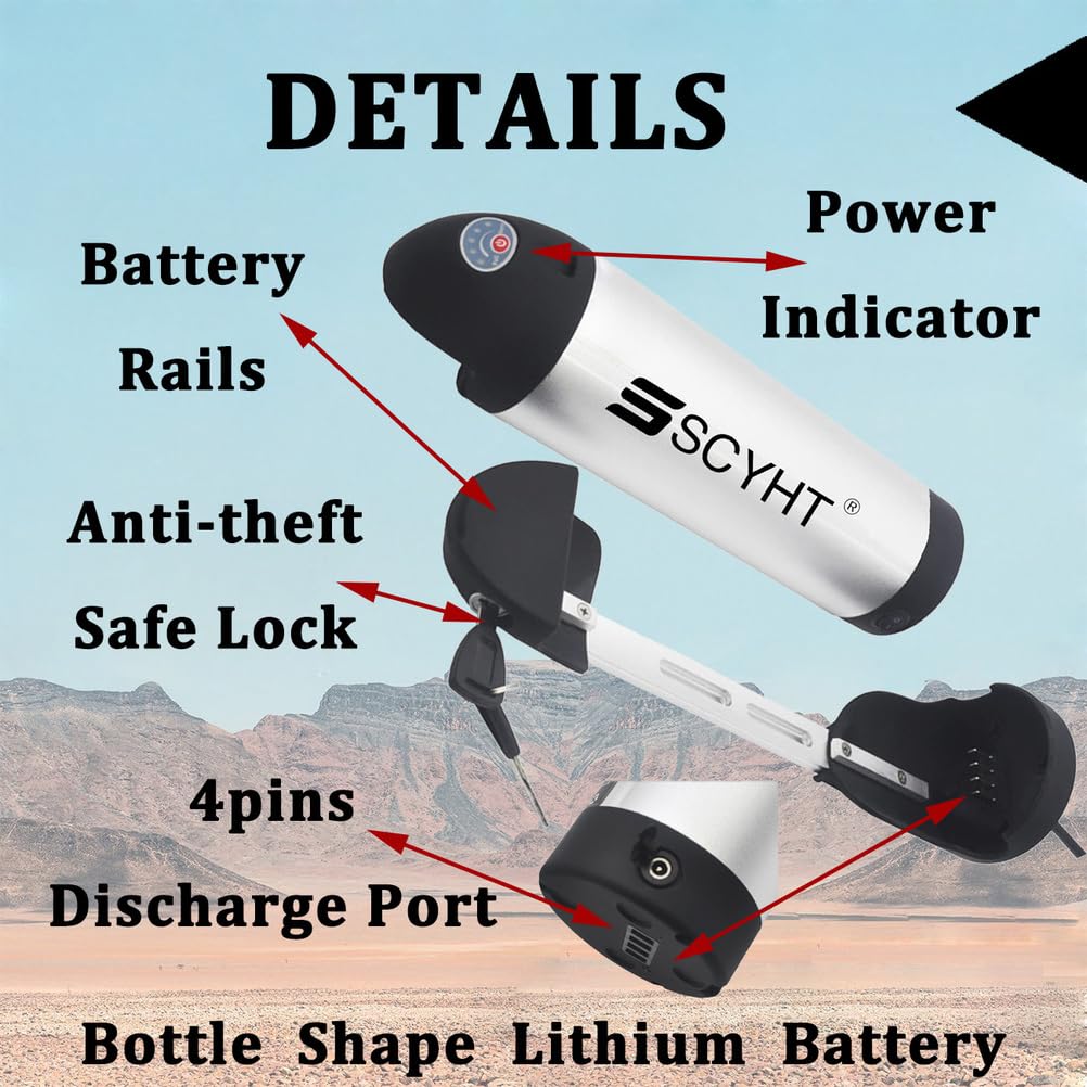 Batería de Litio 36 V 10 Ah 13 Ah Batería extraíble 24 V Baterías Iones Litio 48 V Baterías Tipo Botella para Motor 200 W a 650 W con Puerto de 4 Pines