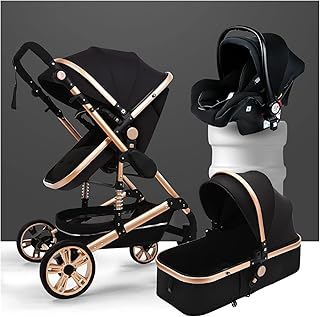 Folding Baby Stroller Pushchair 3 in 1 Carseat and Strollers Combo Foldable Carriage Luxury Pushchair Stroller Shock Absorption Springs High View Pram (Color : Black)