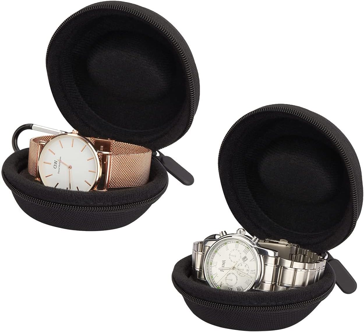 2 Travel Watch Case ï¼ŒSingle Watch Box w/Zipper for Storage,Cushioned Round Portable Watch Case, Fits All Wristwatches and Smart Watches up to 50mm (Black)