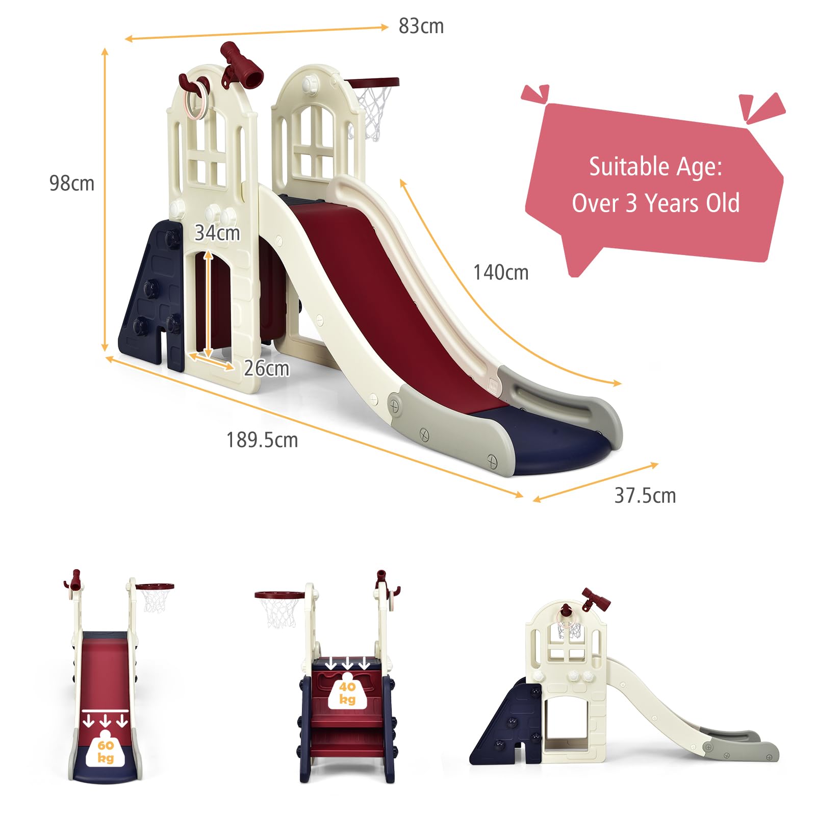 HOMASIS Parco Giochi con Scivolo, Canestro da Basket e Telescopio per Bambini 3+ Anni - Set per Interni ed Esterni, 189,5 x 83 x 98 cm (Blu)