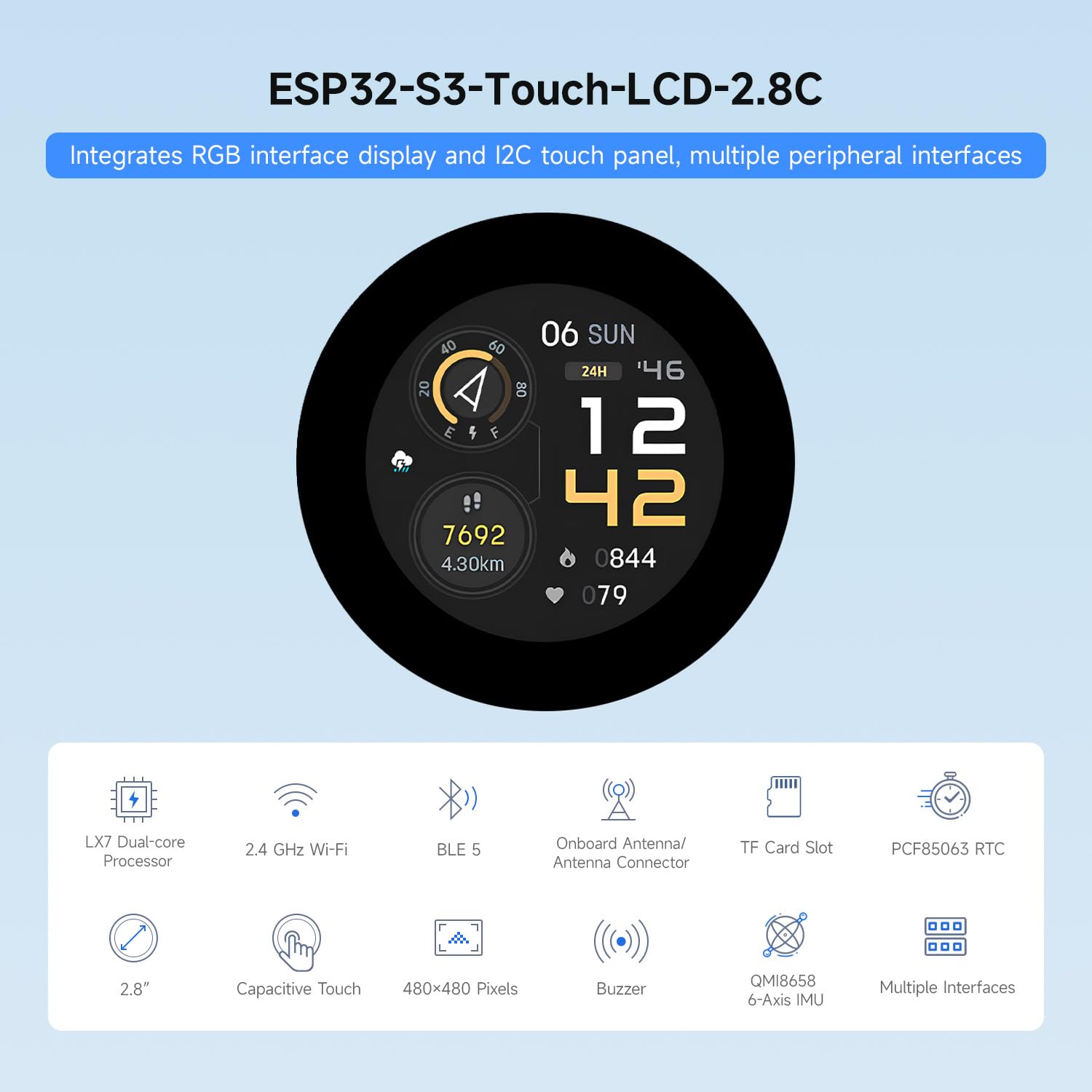 Waveshare ESP32-S3 2.8inch Capacitive Touch Round Display Development Board 480480 32-bit LX7 Dual-core Processor Supports WiFi & Bluetooth ESP32 with Display product thumbnail 4
