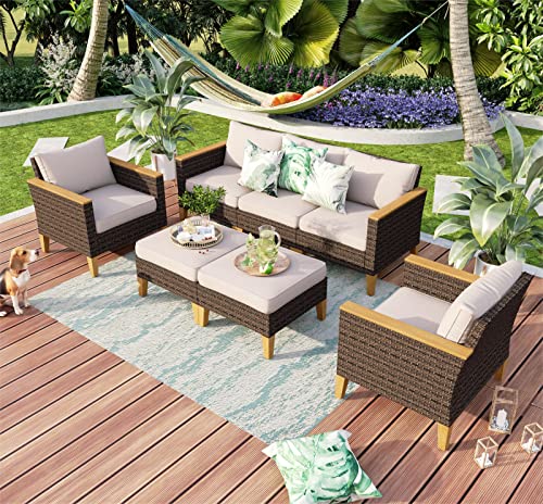 MFSTUDIO 7 Piece Wicker Patio Furniture Set 2 x Single Chair 2 x Ottoman 3 Seat Sofa All Weather Outdoor PE Rattan Patio Conversation Set for Garden BackyardBeige Cushions