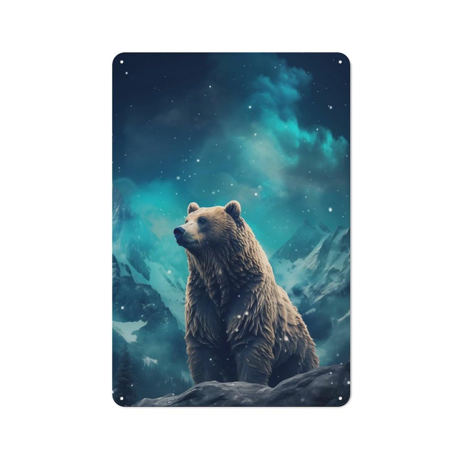 Junmoney Style-17 Metal Plaque With Brown Bear Aurora Borealis Design 30X20cm, Rustic Cafe Wall Decor For Restaurant, Kitchen, Counter Or Breakfast Nook