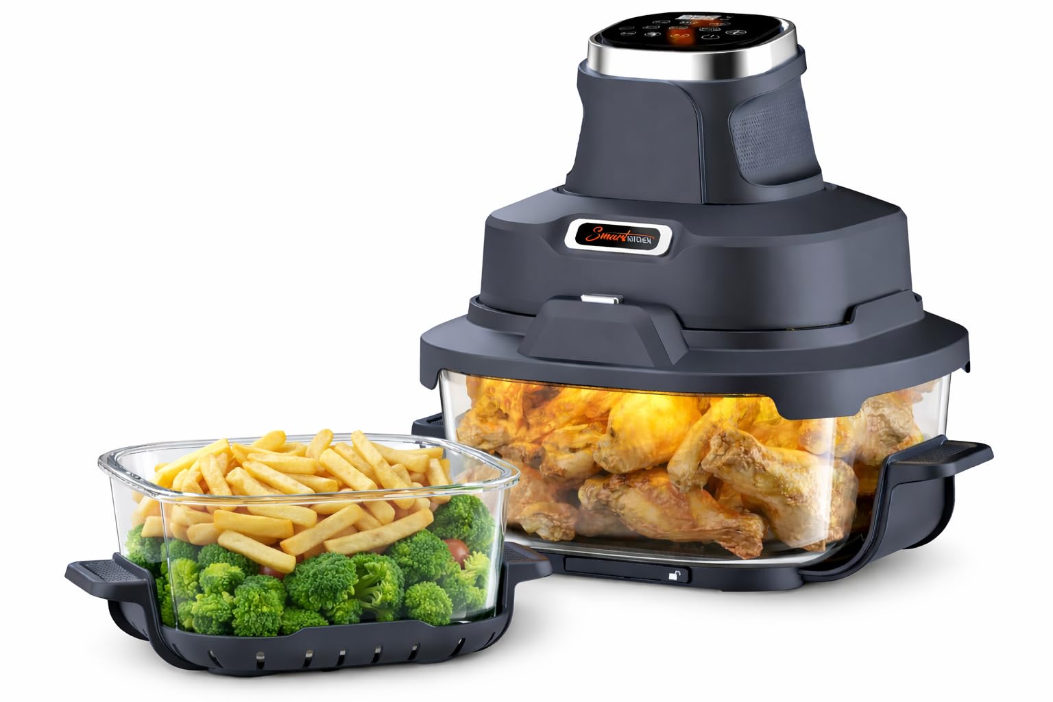 Smart Kitchen Szklana frytkownica na gorące powietrze 4 w 1 – Air Fryer do pieczenia, recrisp i max crisp – 4 l + 1,5 l szklany pojemnik Turbo tower pro – Kompaktowa i przenośna – Czarna