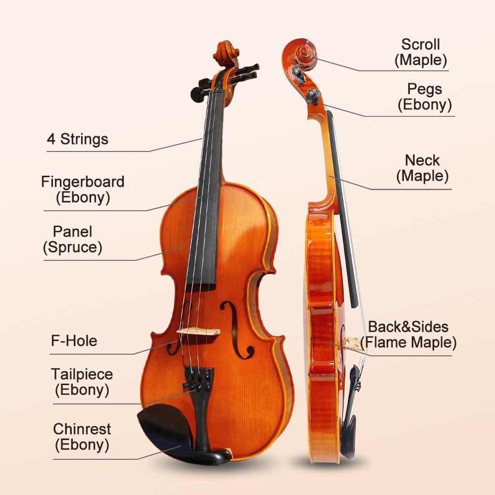 Vetimobato Violin 3/4 Full Size Set Violin for Beginners & Adults & Student & Kids Fiddle Kit with Case, Bow, Rosin, Shoulder Rest,Extra Strings,Bridge, Fingerboard Sticker(3/4 Violin Brown)