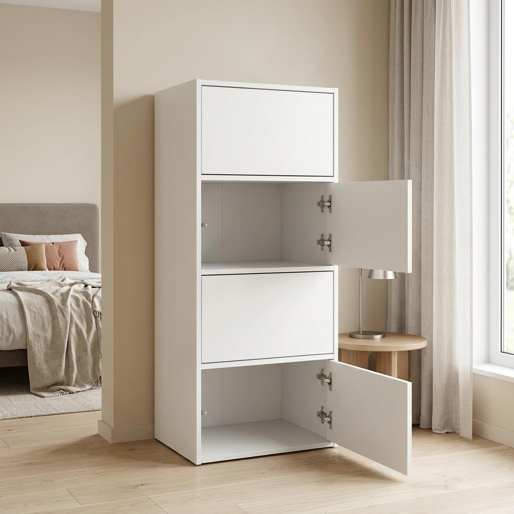 meble masztalerz Cassettiera Camera da Letto con 4 Ante Larghezza 50 cm - Scarpiera da Letto - Credenza Soggiorno - Moderna Comò - Cassettiera Alta - Mobiletto con Cassetti Bianco 120x50x39cm