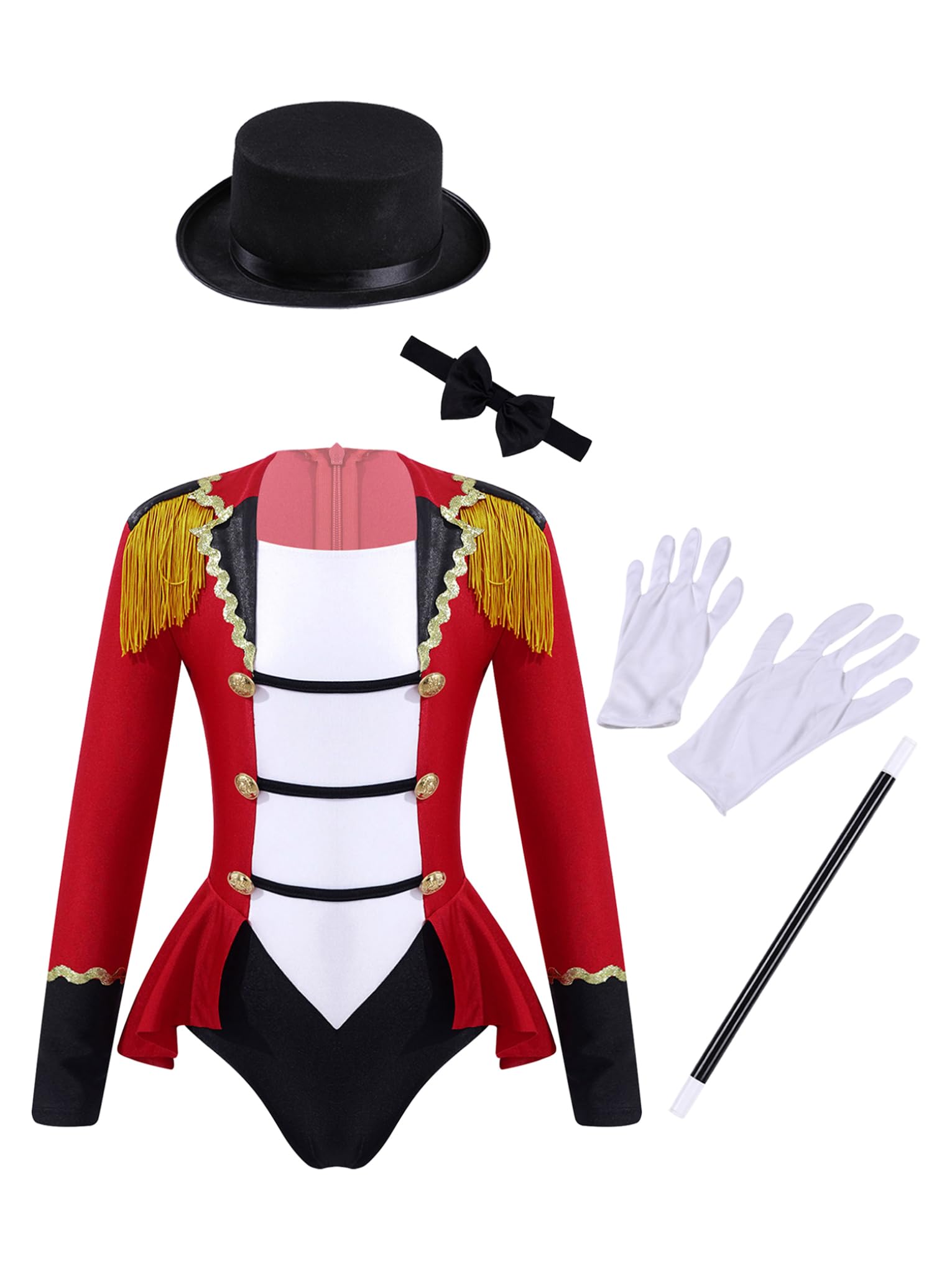 JanJean Kids Girls Circus Ringmaster Costume Carnival Halloween Cosplay Rave Dance Performance Set for Party Fancy Dress Up Red 5-6 Years