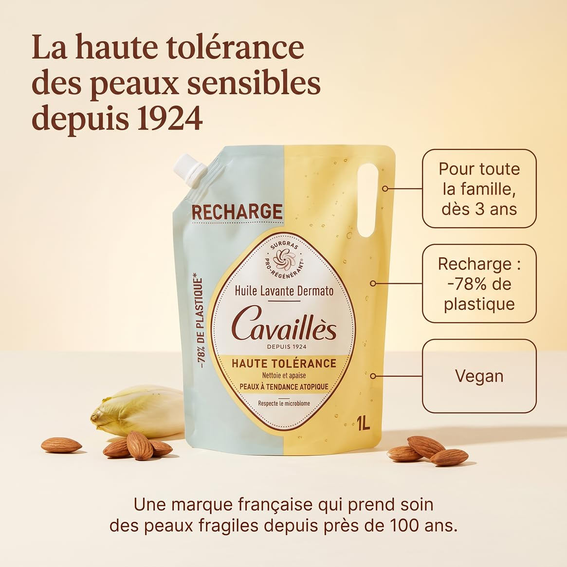 Cavaillès Recharge Huile Lavante Dermato Haute Tolérance Lot de 2x1L – Peaux Sensibles à Tendance Atopique – Surgras Végétal & Inuline – Sans Savon – Format Éco