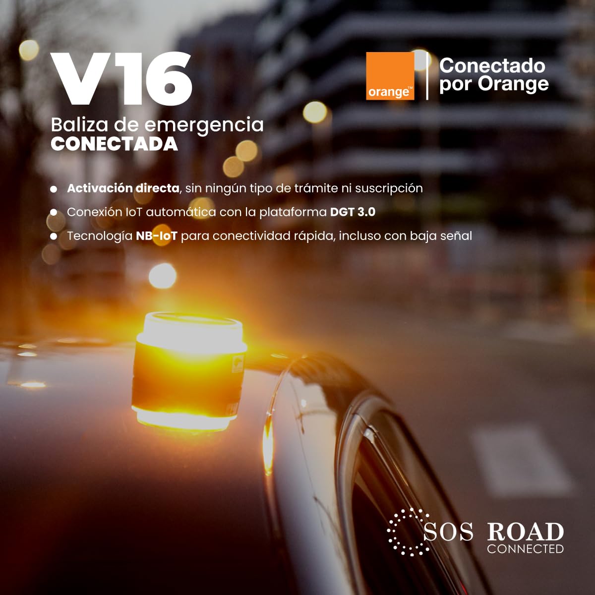 SOS ROAD Baliza de Emergencia V16 con Geolocalización y Conexión DGT 3.0 – Uso Obligatorio Enero 2026, Señal LED Homologada para Coche, Alcance 1km, Resistente al Agua, Datos Incluidos hasta 2038