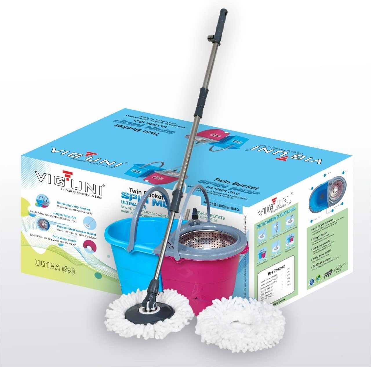 Twin Bucket Spin Mop Floor Cleaning Mop Stick with Bucket, with 2 Microfiber Refills, Mop Set for Wet and Dry Floor,360 Degree Self Dry Twin Magic Cleaning Floor Mop
