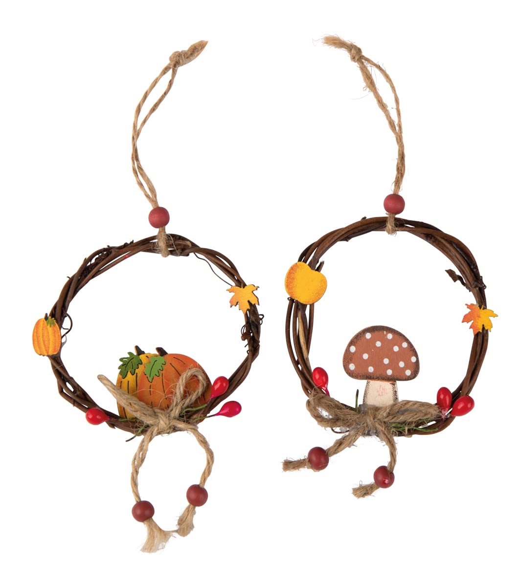 Rayher Willow Wreath Pumpkins+Mushroom to Hang, Coloured, 8cmø, Assorted, tab-Bag 2pcs, 46651999