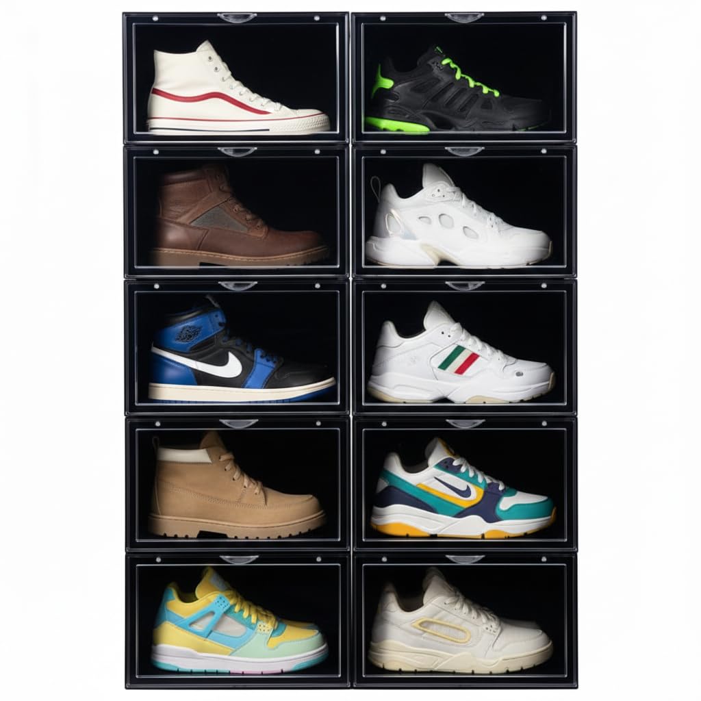 Prokart Stackable Shoe Storage Box | Heavy Duty Plastic Sneaker Crate with Magnetic Door | Foldable Sneaker Organiser | Shoe Organizer for Men & Women (Foldable Shoe Box - Black, Pack of 1)-image-28