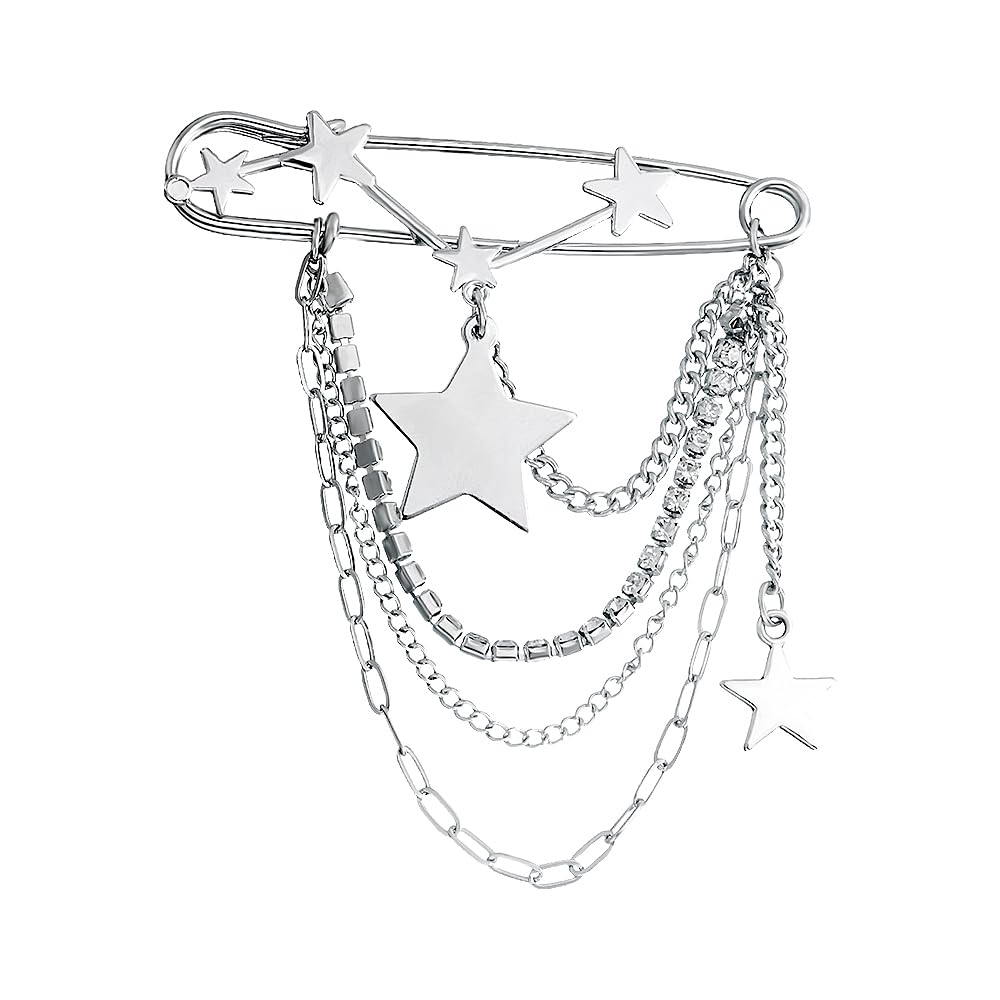 Safety Pin Brooch with Hanging Chains Charms Decorative Punk Goth Collar Brooches Pin for Sweater Dress Skirt Tie Pins Emo Pins