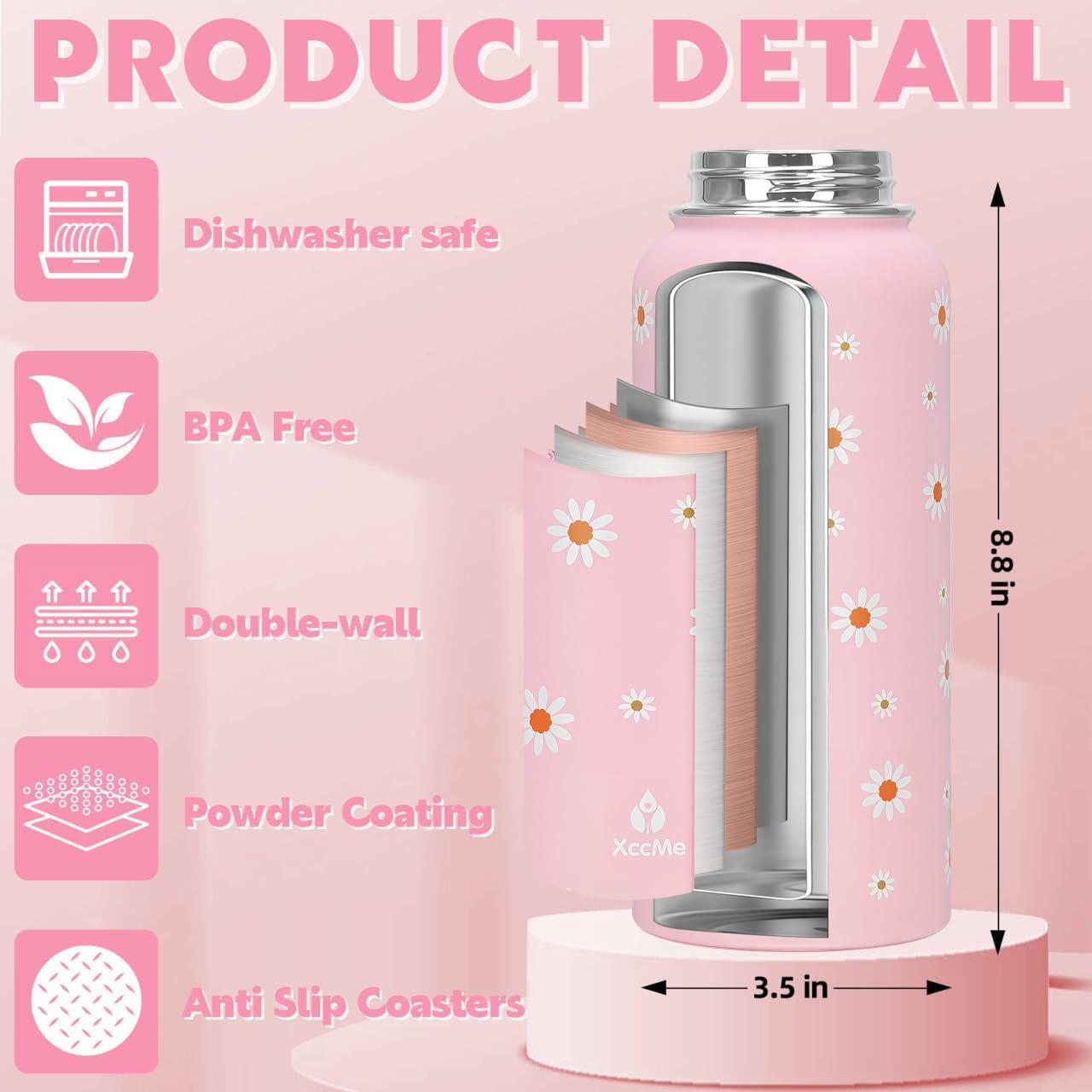 Pink Daisy Water Bottle with Lid,32oz Insulated Water Bottle with Flip Straw and Handle,Daisy Gifts for Women Girls Teens Birthday Christmas,Leak Proof Stianless Steel Water Bottle - Image 3