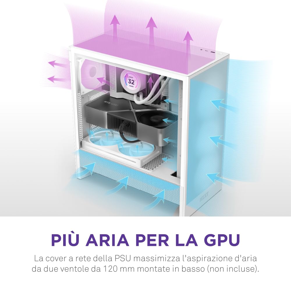 NZXT H5 Flow - Case per PC da gaming mid-tower ATX compatto - Flusso d'aria elevato - 2 ventole da 120 mm incluse - Supporto per radiatori da 360 mm (anteriore) e 240 mm (superiore) - Bianco