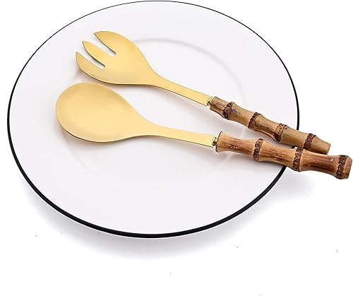 Miniatura 5 de Juego de 4 utensilios para servir con mango de bambú, cuchara larga de acero inoxidable 304, tenedor para cocina, bufé, restaurante, boda, fiesta,