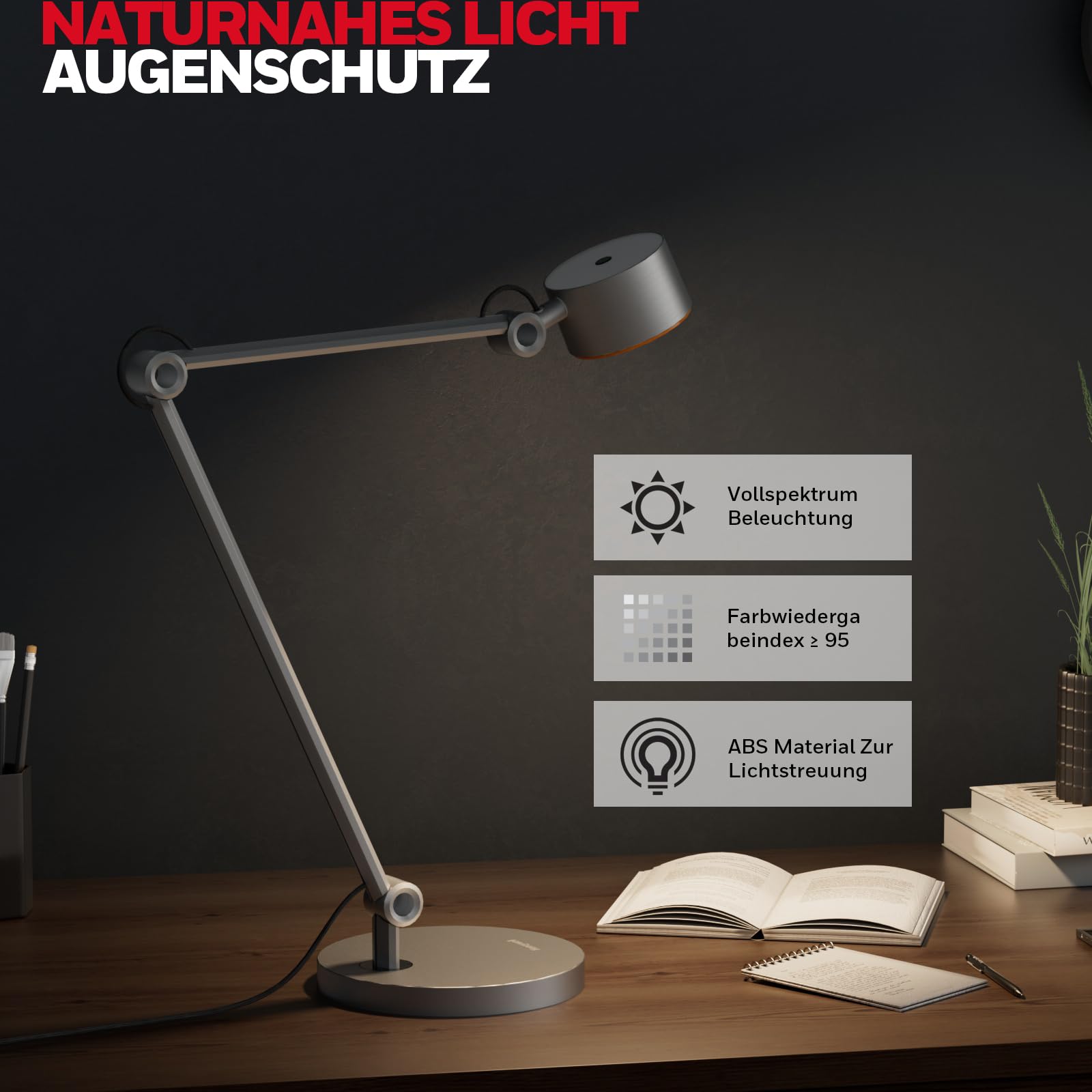 Honeywell LED-Tischleuchte 01A Sunturalux mit Schwenkarm für Handarbeiten | 4000K Tageslicht, CRI≥95, RG0 geringes Blaulicht, Tischleuchte für Architekten, augenschonend