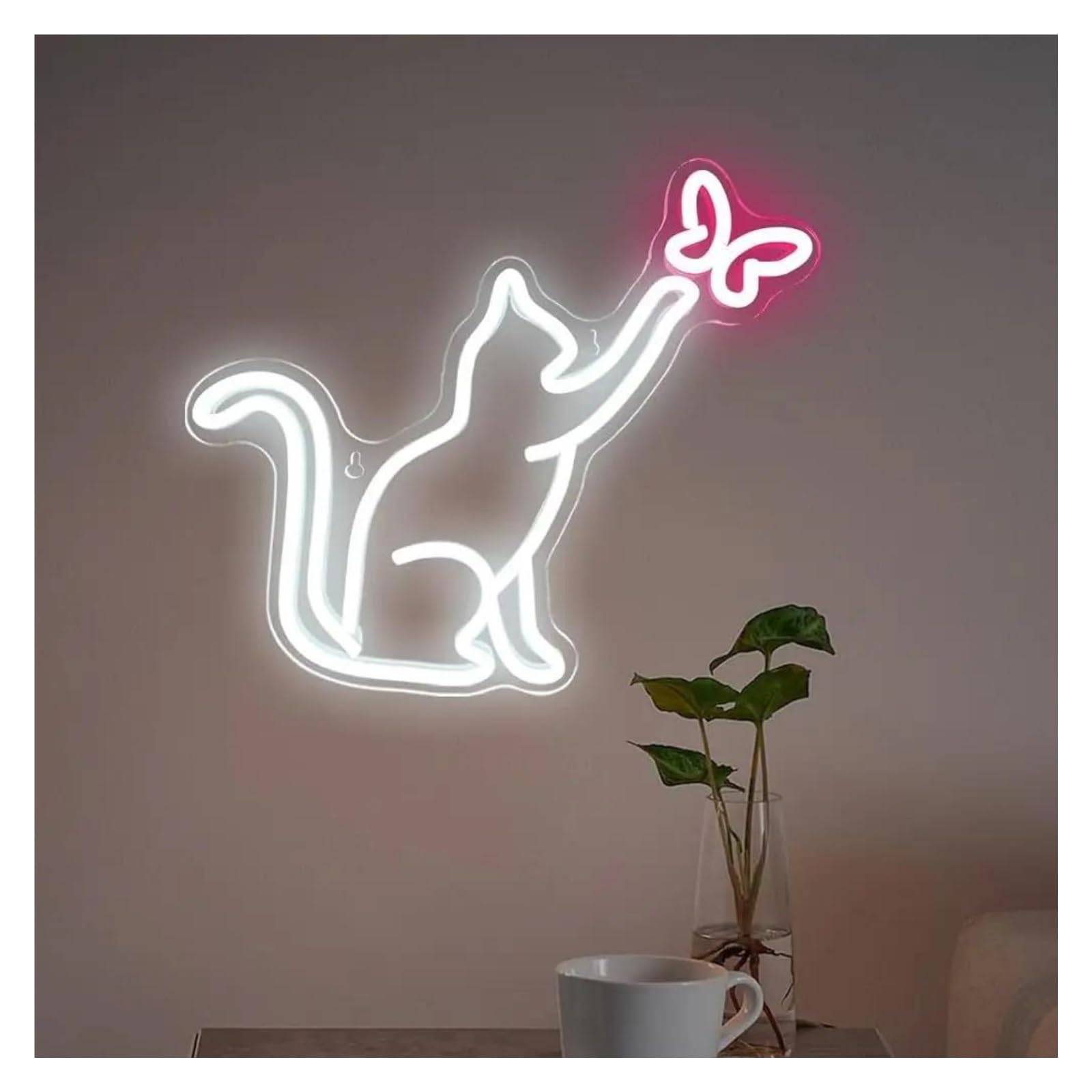 XENITE Luces Art Decoration Christmas Letreros De Neón Con Diseño De Gato Y Mariposa, Con Alimentación USB, Para Pared, Decoración Del Hogar, Lámpara Colgante Para Sala De Estar 29.5cmx33cm