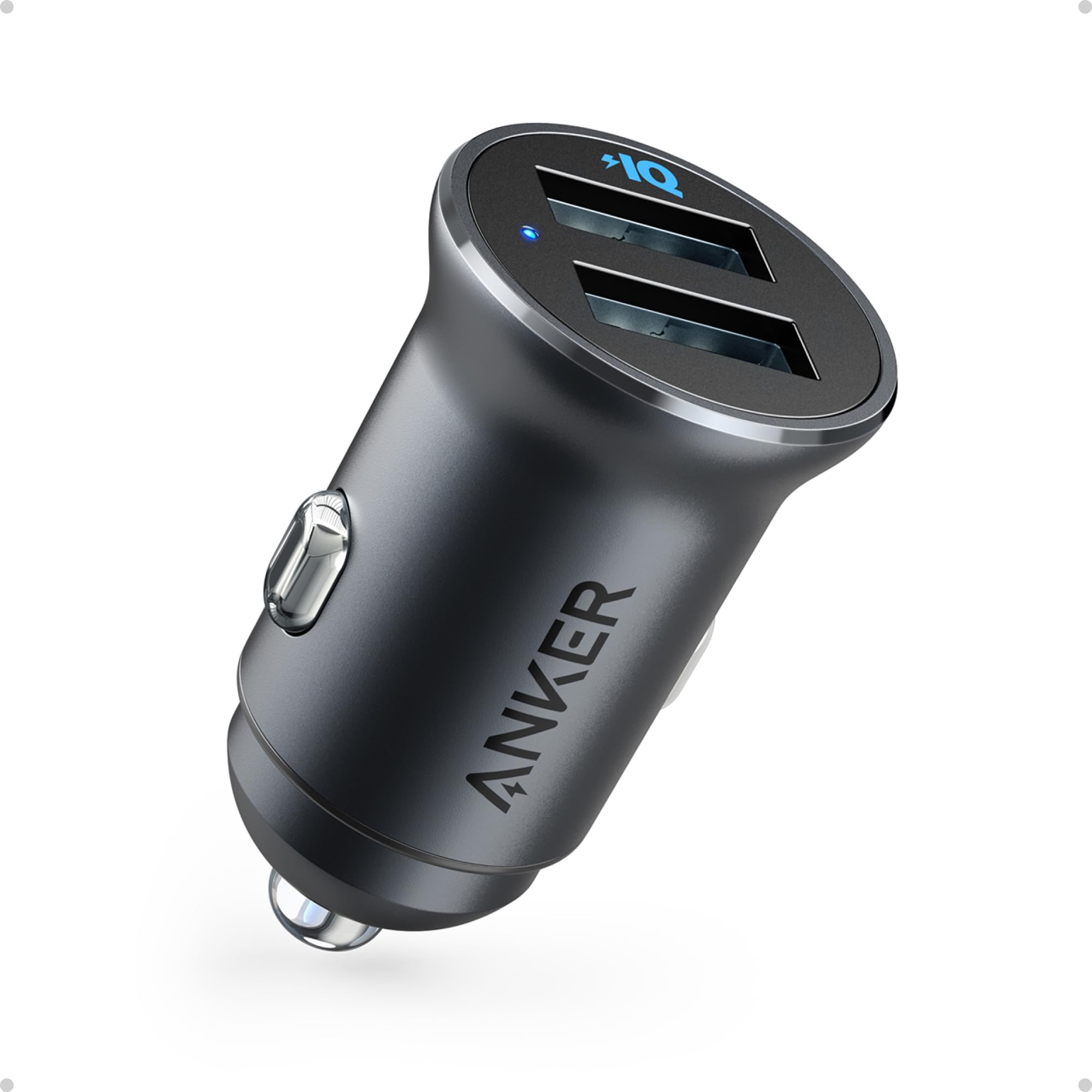 Anker 320 Car Charger (24W II), Mini Aluminum Alloy Dual USB with Blue LED for iPhone16 15 14 13 12 Series, iPad Pro/Air 2/Mini, Galaxy and More - Not Compatible with Quick Charge (Black)