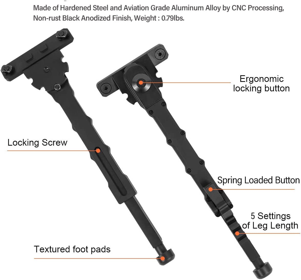 Fooletu 7.5-9 Inches Rifle Bipod for M-Rails, Adjustable,Attach Directly Bipod for Shooting, Hunting, Range and Outdoors