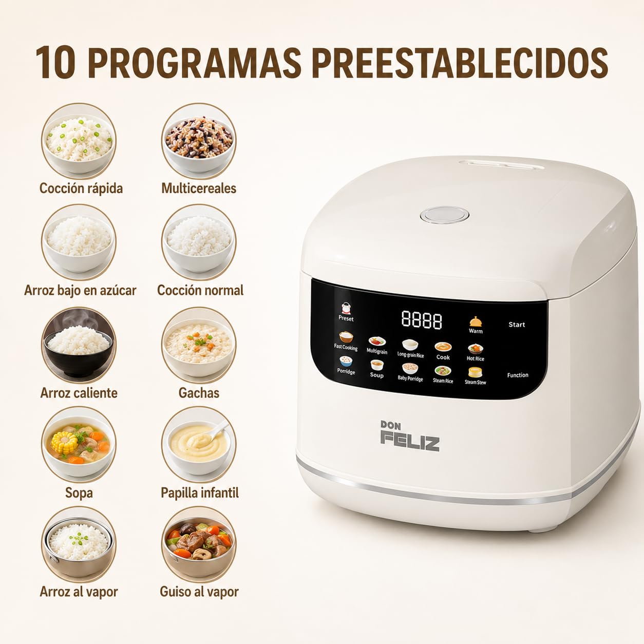 Don Feliz Arrocera Eléctrica 2 L para 1-4 Personas, Olla Arrocera Digital con 10 Programas, Cesta Vaporera, Temporizador 24 h, Mantener Caliente y Recipiente Antiadherente
