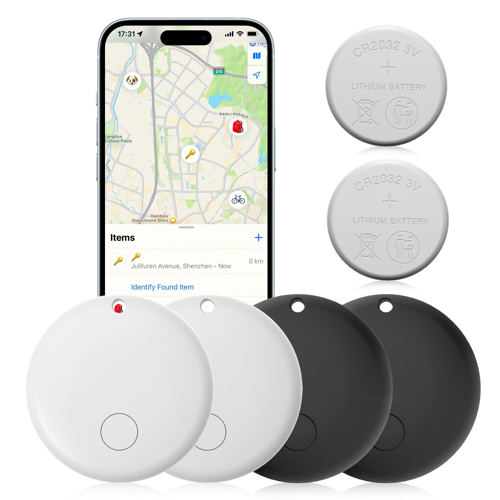 Air Tags 4 Pack Works with Find My App (iOS 14.6 Above Only) Wallet Trackers with 2 pcs Replaceable Batteries, Item Finders for Dog, Keys, Luggage, Suitcases, Pets, Loud Beep