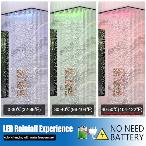 Sistema termostático de ducha doble Enga, cabezal de lluvia LED de 15.7 x 31.5 pulgadas para techo con cabezal de pared de 6 pulgadas y 6 jets corporales con interruptor, grifería multifunción de ducha, acabado negro mate miniatura 3