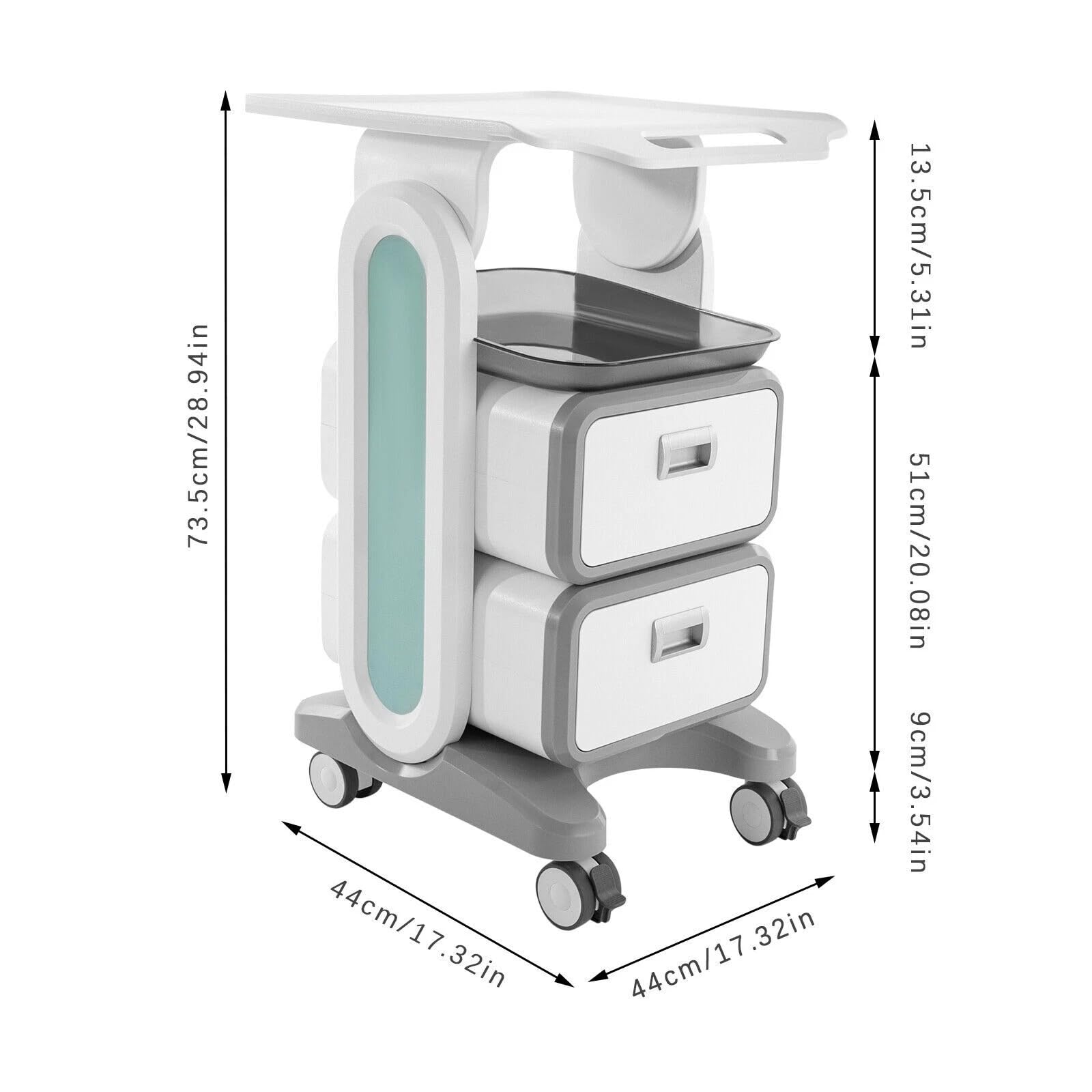 Carrello di servizio medico professionale,carrello medico con 2 cassetti 4 ruote universali silenziose capacità di carico 60 kg, per laboratorio, armadietto dentale e salone di bellezza