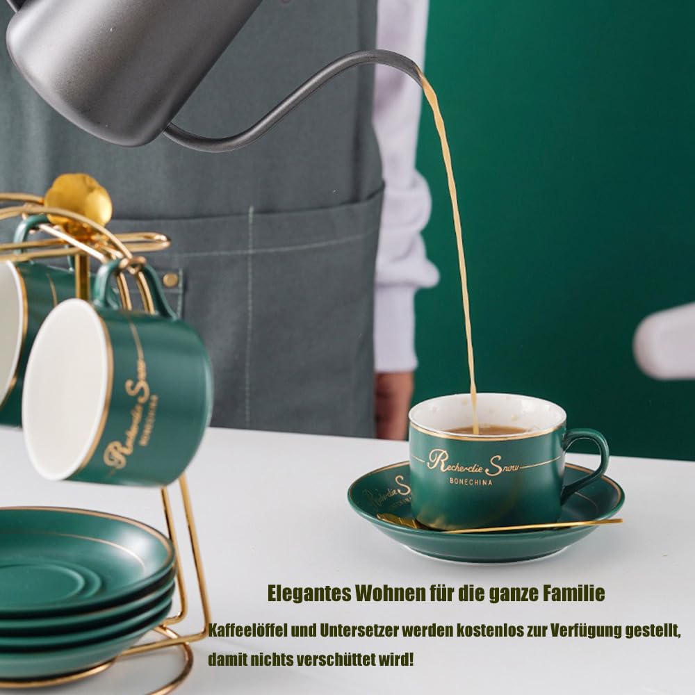 Zestaw filiżanek do cappuccino, 6 filiżanek i spodków (150 ml), luksusowy zestaw filiżanek do herbaty ze złotym wykończeniem, filiżanka do kawy z uchwytem, brytyjska porcelana królewska