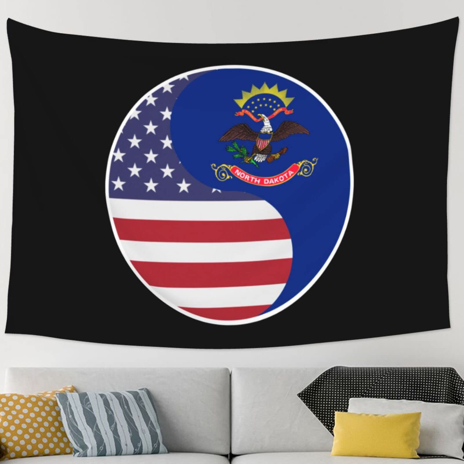 Liichees Large Size Yin Yang Flag Combination Of America And North Dakota Tapestry 90 X 60 Inches Living Room Bedroom Wall Hanging Decoration