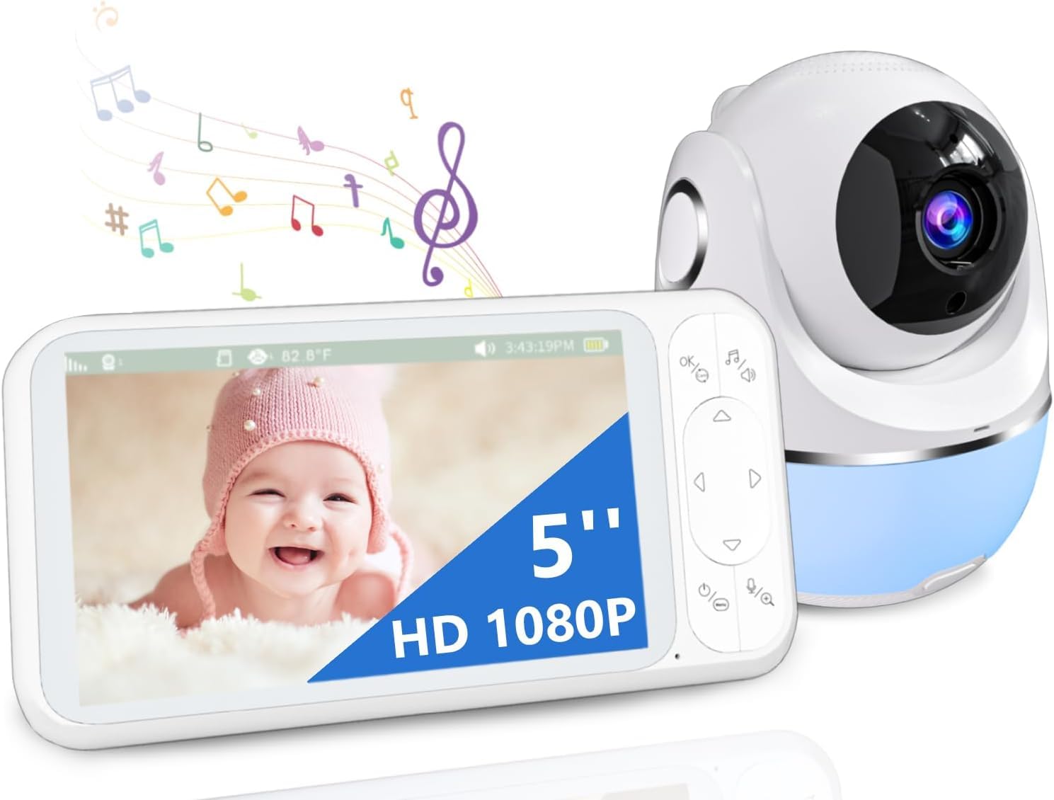 1080P Baby Monitor No WiFi, 4X Zoom 2-Way Talk Video Baby Monitor with Camera and Audio, Night Vision, VOX, 5000mAh Battery, 1200FT White