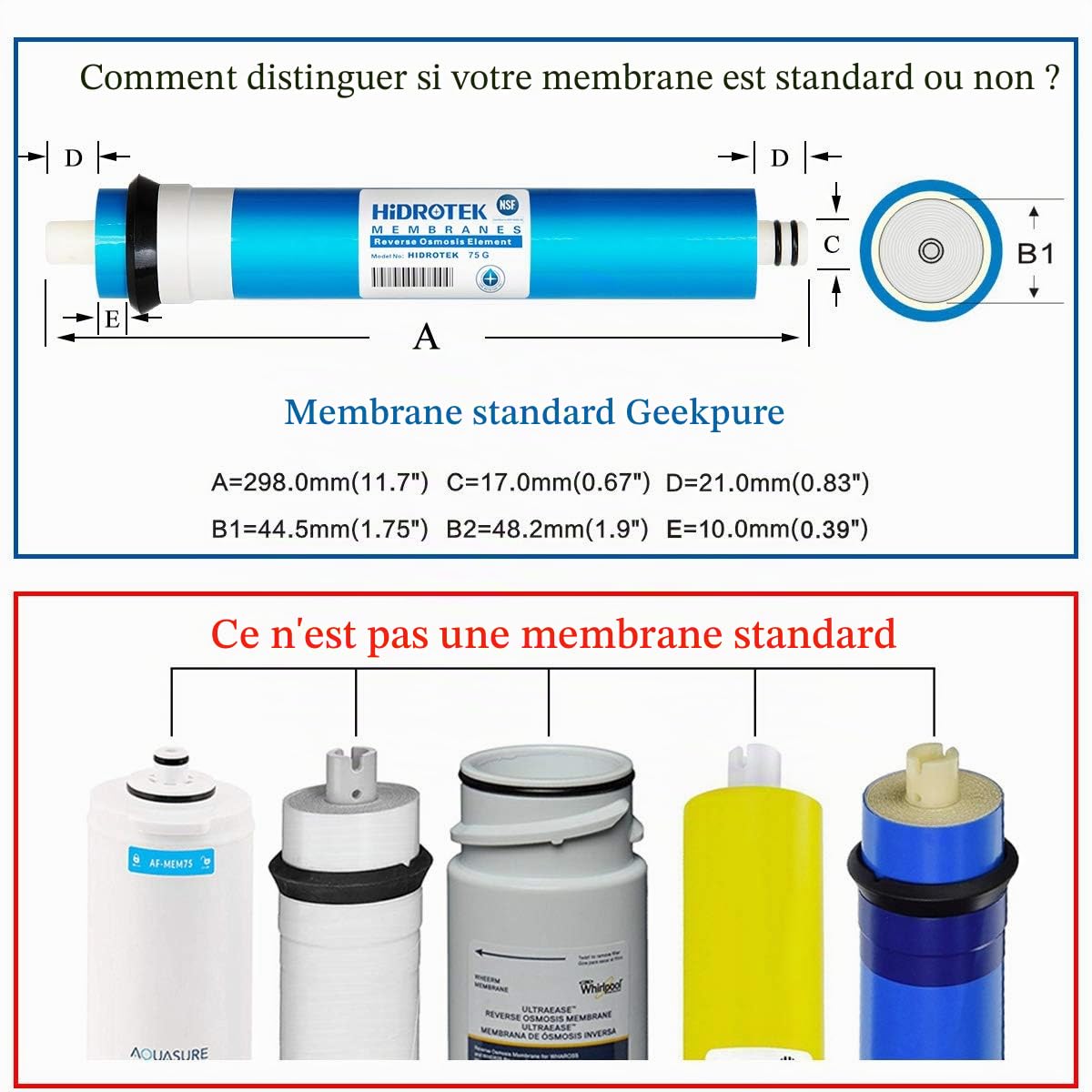 Geekpure 10 pouce universel Compatible Osmose inverse filtre de remplacement Osmose inversée en 5 étapes (75 GPD) blanc