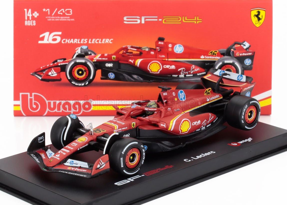 Bburago - Ferrari SF-24 Formula 1 GP Monza 2024#16 Leclerc, 1:43 Scale Diecast Model Car with Helmet and Display Case, Official Ferrari Replica, Recommended Age 14+