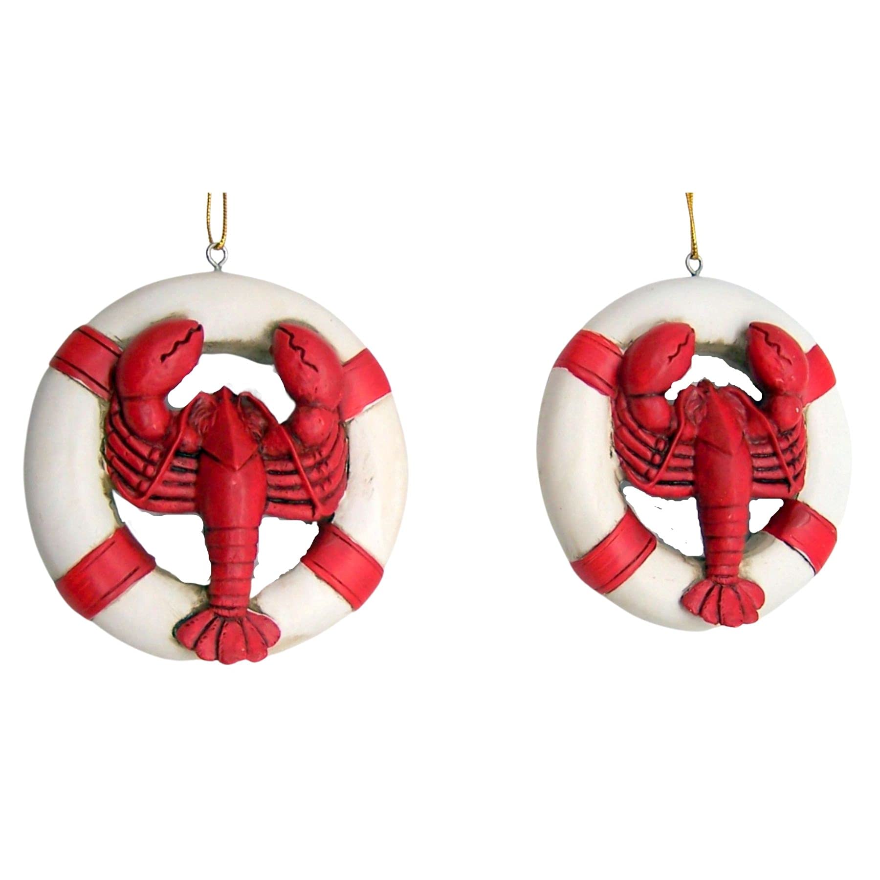 Lobster with Life Ring Preserver Ornaments, Christmas Decoration, Nautical Theme, Set of 2, 3.25 Inches