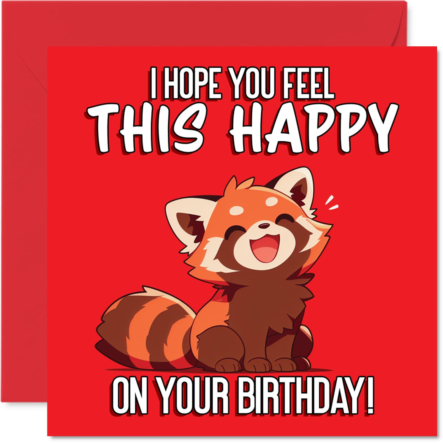 Cute Birthday Card - Bursting with Birthday Cheer - Adorable Cartoon Red Panda on a Vibrant Red Backdrop - Guaranteed to Lift the Mood - 145mm Square, Envelope Included