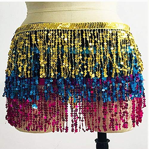 Image of VRITRAZ Women's Chiffon Belly Dance Hip Scarf Waistband Belt Skirt Mixed Colors Beads and Golded Coins