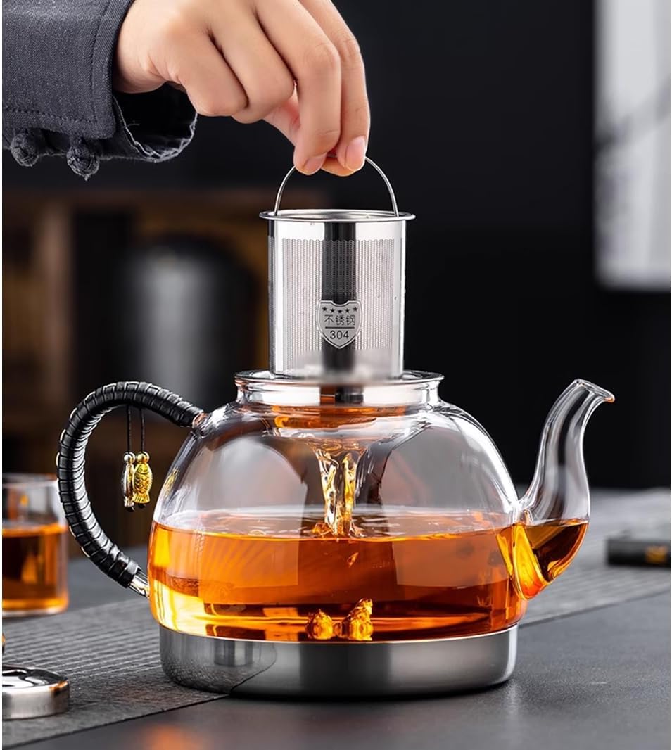 Induction Cooker Special Teapot With Cool Handle, Heat Resistant Borosilicate Glass Teapot With Stainless Steel Inner Filter, Tea Kettle Stovetop Glass Flower (1.4L)