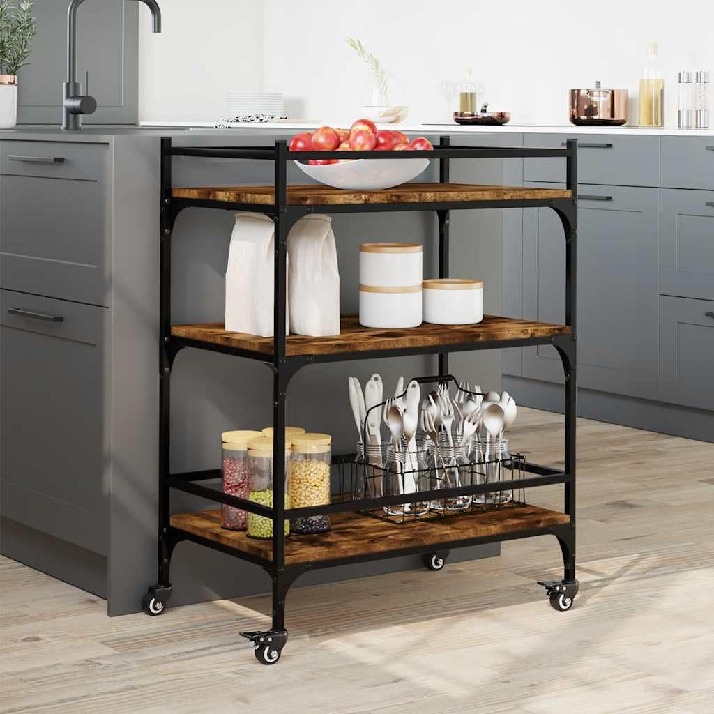 Carro de cocina de roble ahumado, 65 x 40 x 86,5 cm, madera con marco de acero y 4 ruedas, 2 bloqueables, para cocina, salón, como carrito de servicio y carrito de almacenamiento con mucho