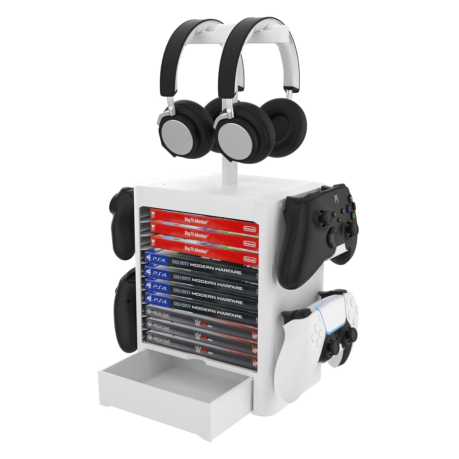 ant esports multifunctional universal game disc storage tower, game disk rack controller holder headset stand video games accessories organiser for ps4/5, xbox one xbox series, nintendo switch – white