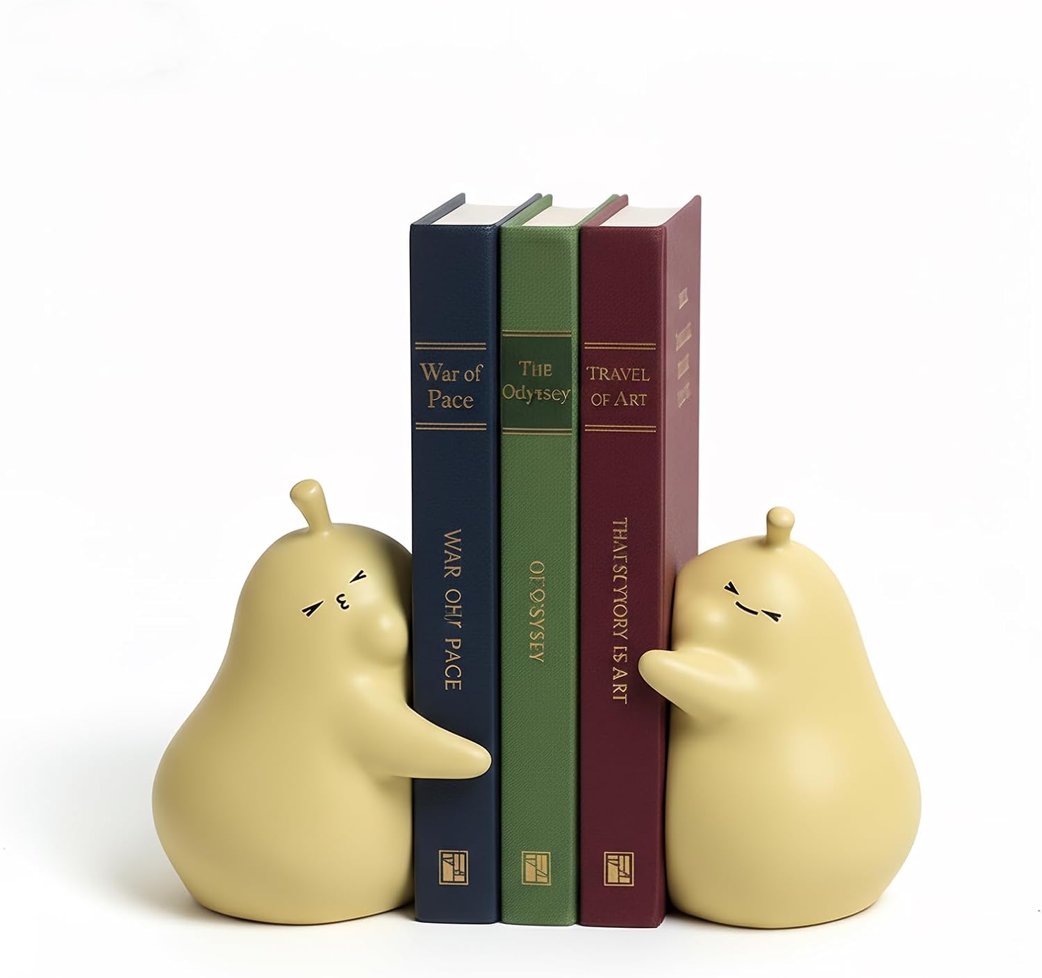 Hug Pear Decorative Bookends, Cute Book Ends to Hold Books, Creative Ceramic Book Holder Stopper for Home, Office Desk, Bookshelf Decoration (Matte Yellow)