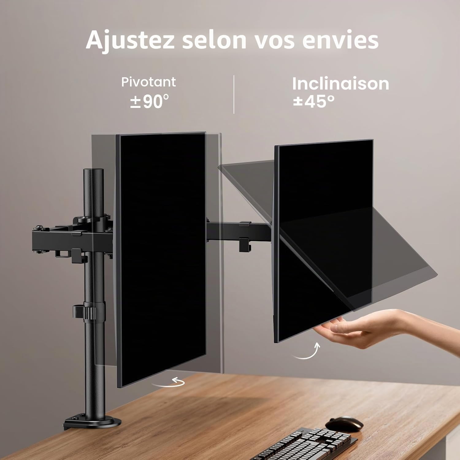 ErGear Support Ecran PC 2 Ecran pour Moniteurs 13-32 Pouces Bras Réglable Hauteur Rotatif Pivotant Inclinaison ±45° Charge 8kg VESA 75/100